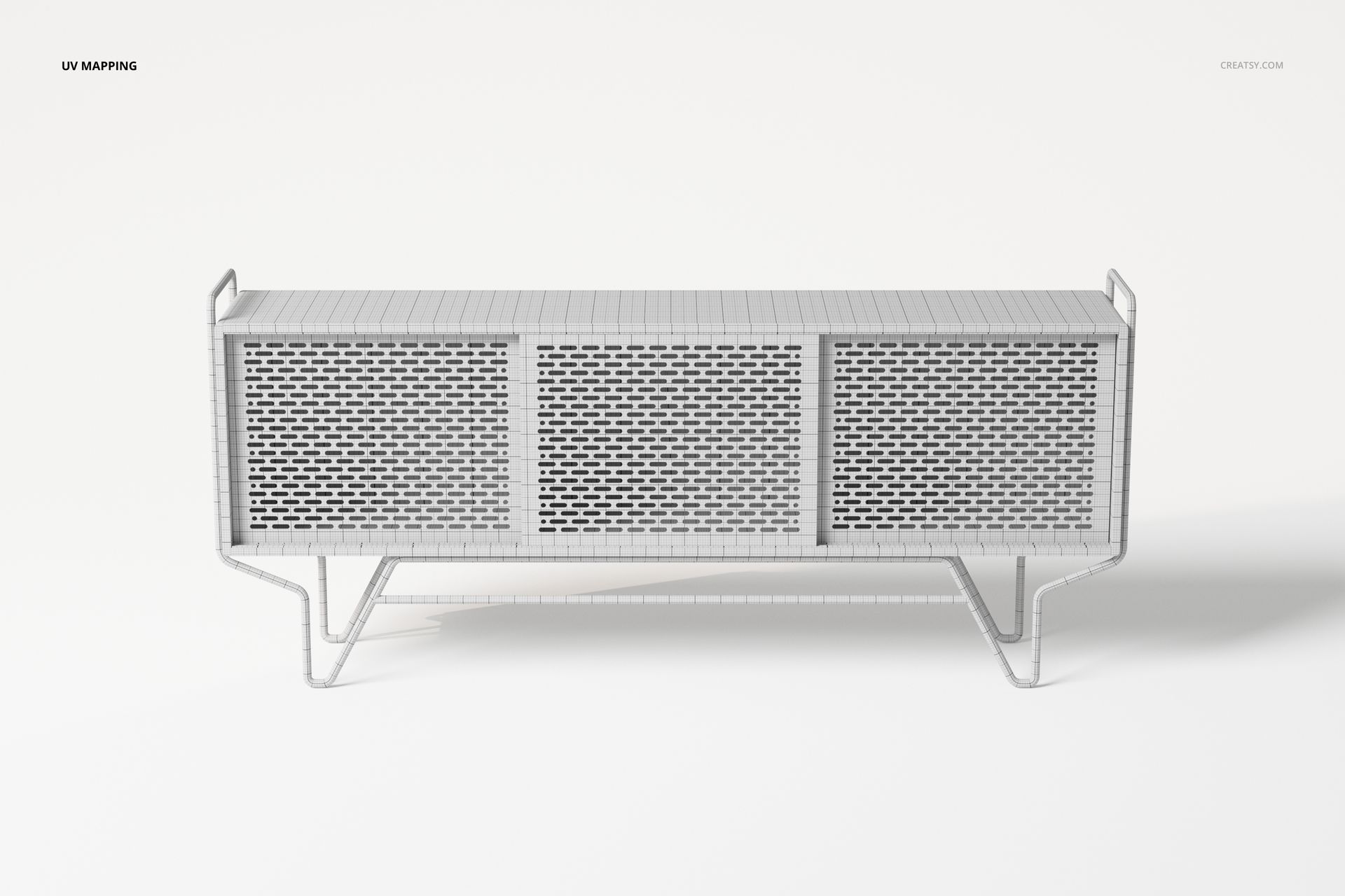 Front view of an art deco sideboard 3D model in a neutral gray wireframe style, set against a plain white background.