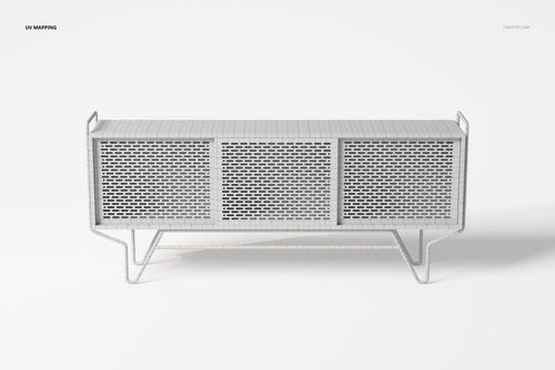 Front view of an art deco sideboard 3D model in a neutral gray wireframe style, set against a plain white background.