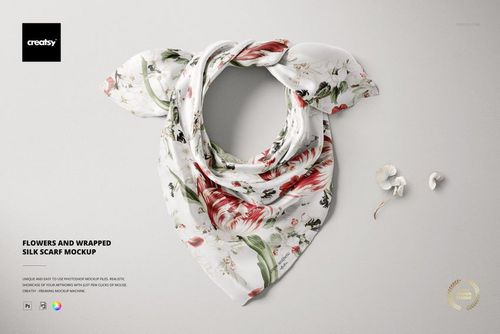 Silk scarf mockup featuring a floral pattern in red and green tones, wrapped in a circular shape on a light background.