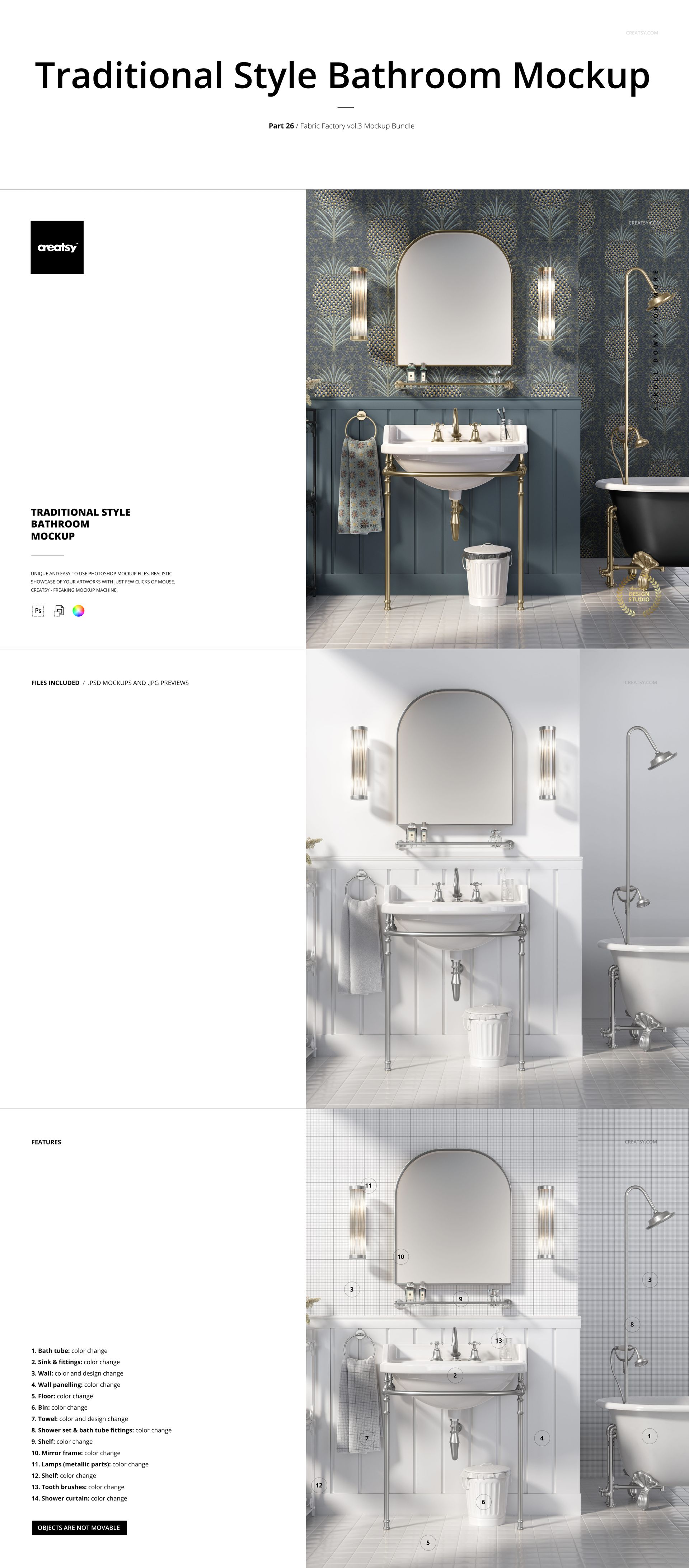 Traditional style bathroom mockup featuring a sink, mirror, and patterned wallpaper in a front view scene.