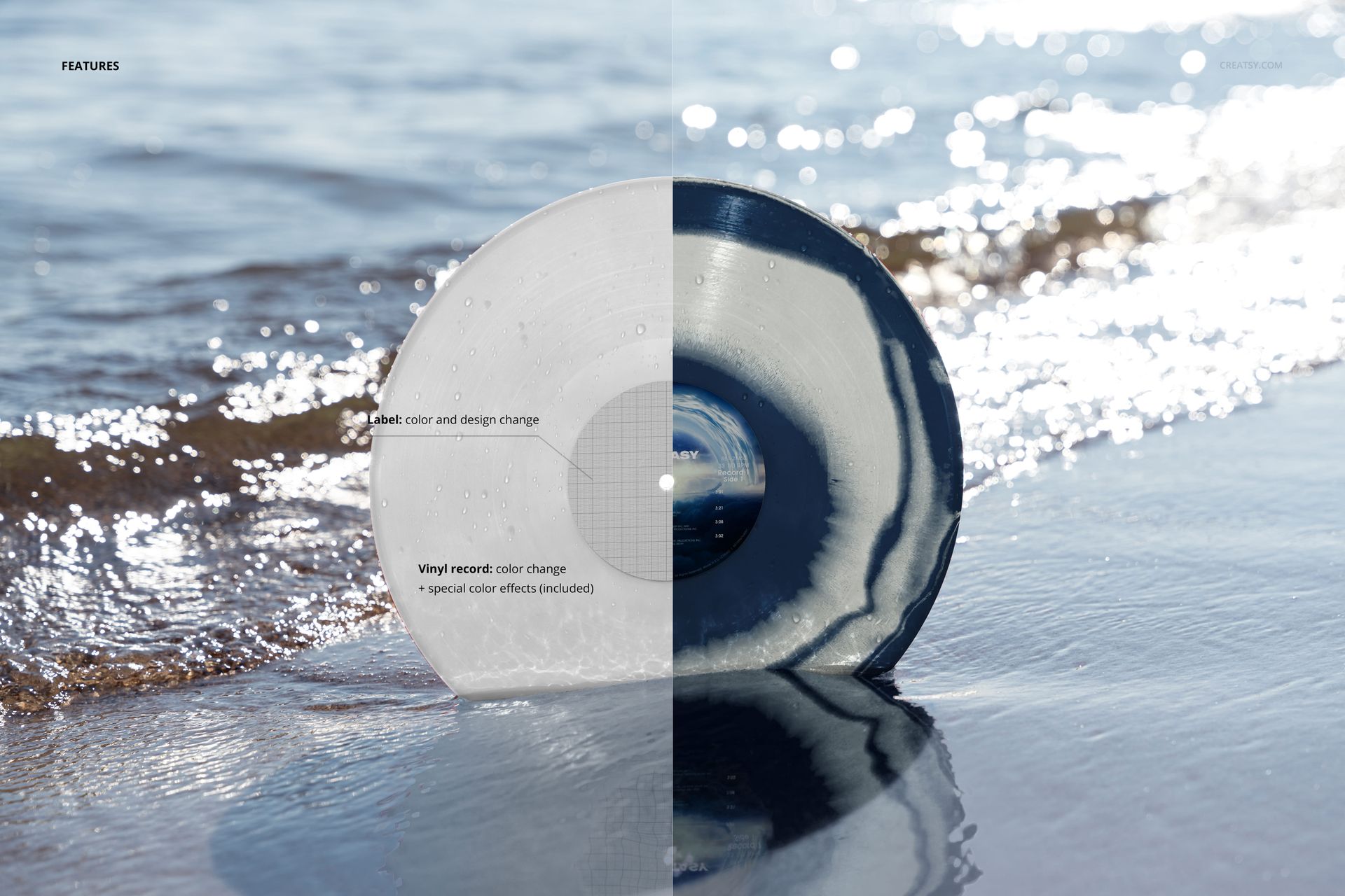 Close-up of a vinyl record mockup resting in the sand at the edge of the sea, with blue water and soft waves in the background.