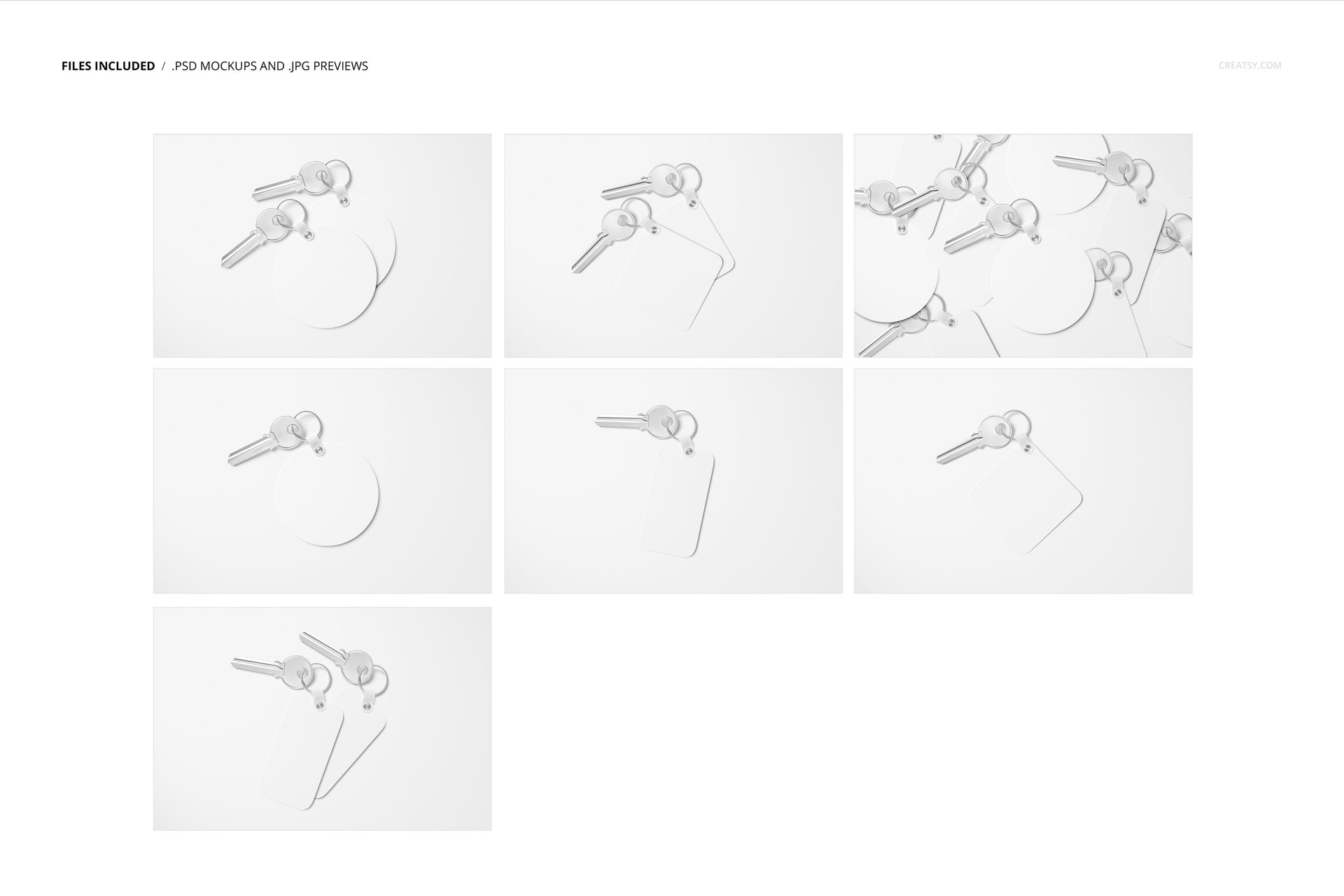Set of key tag mockups featuring round and rectangular white tags attached to silver keys, displayed on a plain white background.