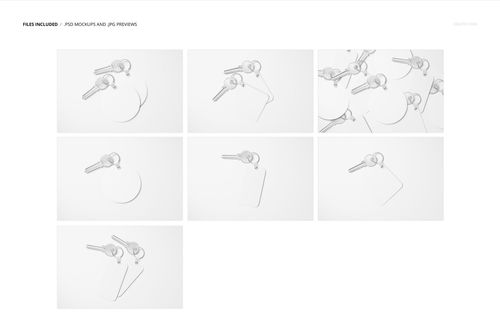 Set of key tag mockups featuring round and rectangular white tags attached to silver keys, displayed on a plain white background.