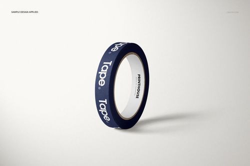 PSD mockup of a packing tape roll with a minimalist blue and white design, isolated against a soft background.