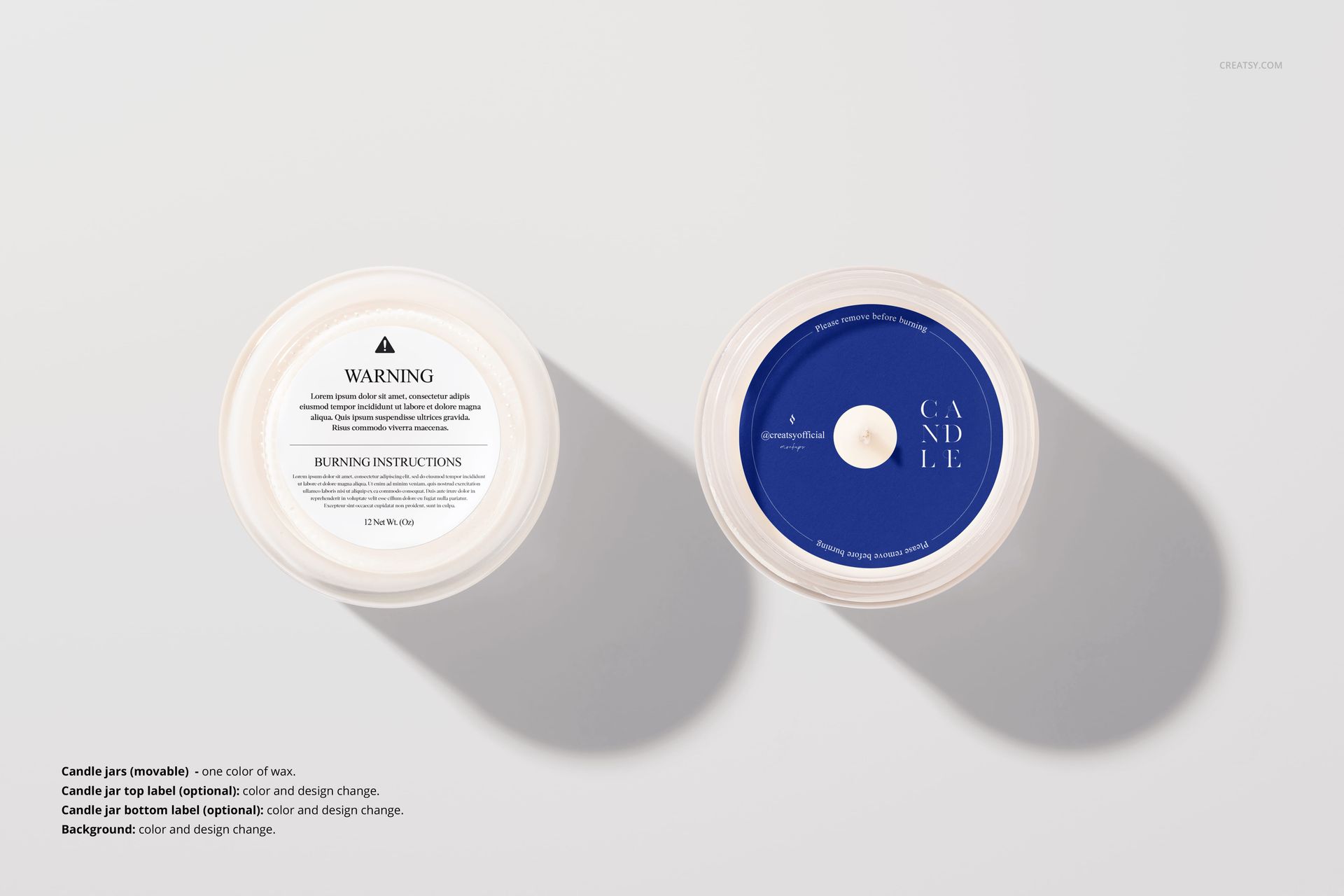 Mockup of scented soy candles in clear jars, showing white and blue lid labels, arranged side by side on a pale backdrop.
