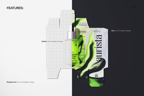 Flat lay of serum dropper bottle, folded packaging box, and pouch mockup on split light and dark background.