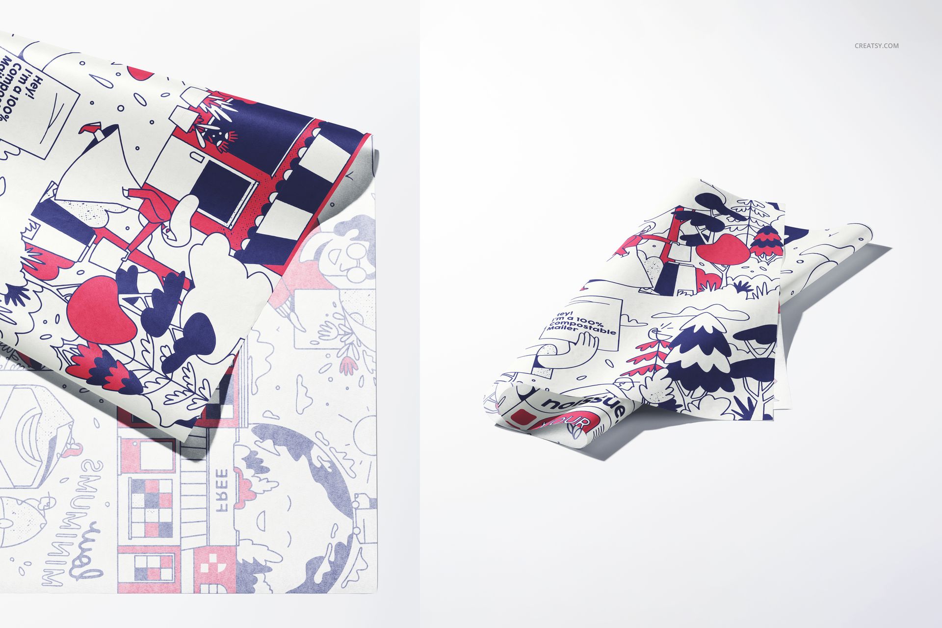 Tissue paper mockup featuring playful line art and geometric shapes in red, blue, and white, displayed on white background.