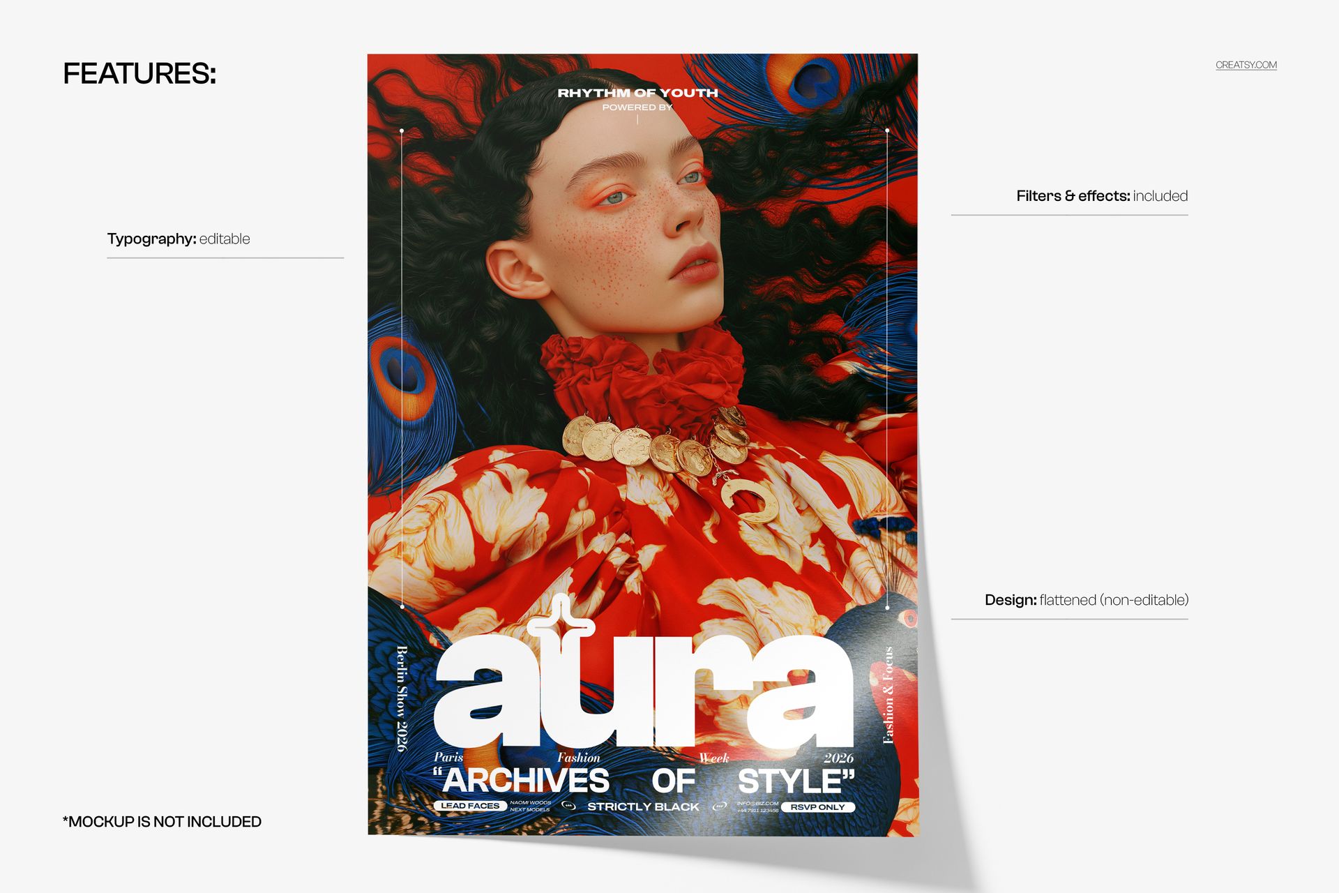 PSD mockup poster with a vibrant red and orange floral design, displaying a stylized portrait of a woman.