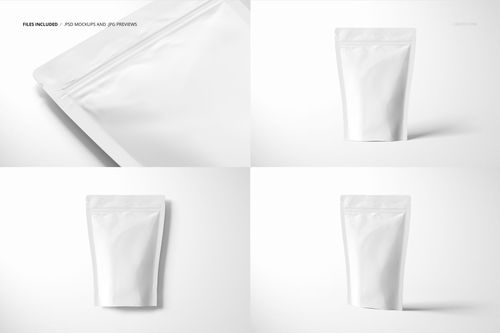 Matte stand up zip lock pouch mockup shown in four views, featuring a plain white surface on a light background.