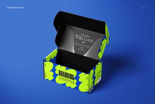 Open mailer box mockup with bold blue and neon green design, showing the inner flap and black interior against a blue surface.