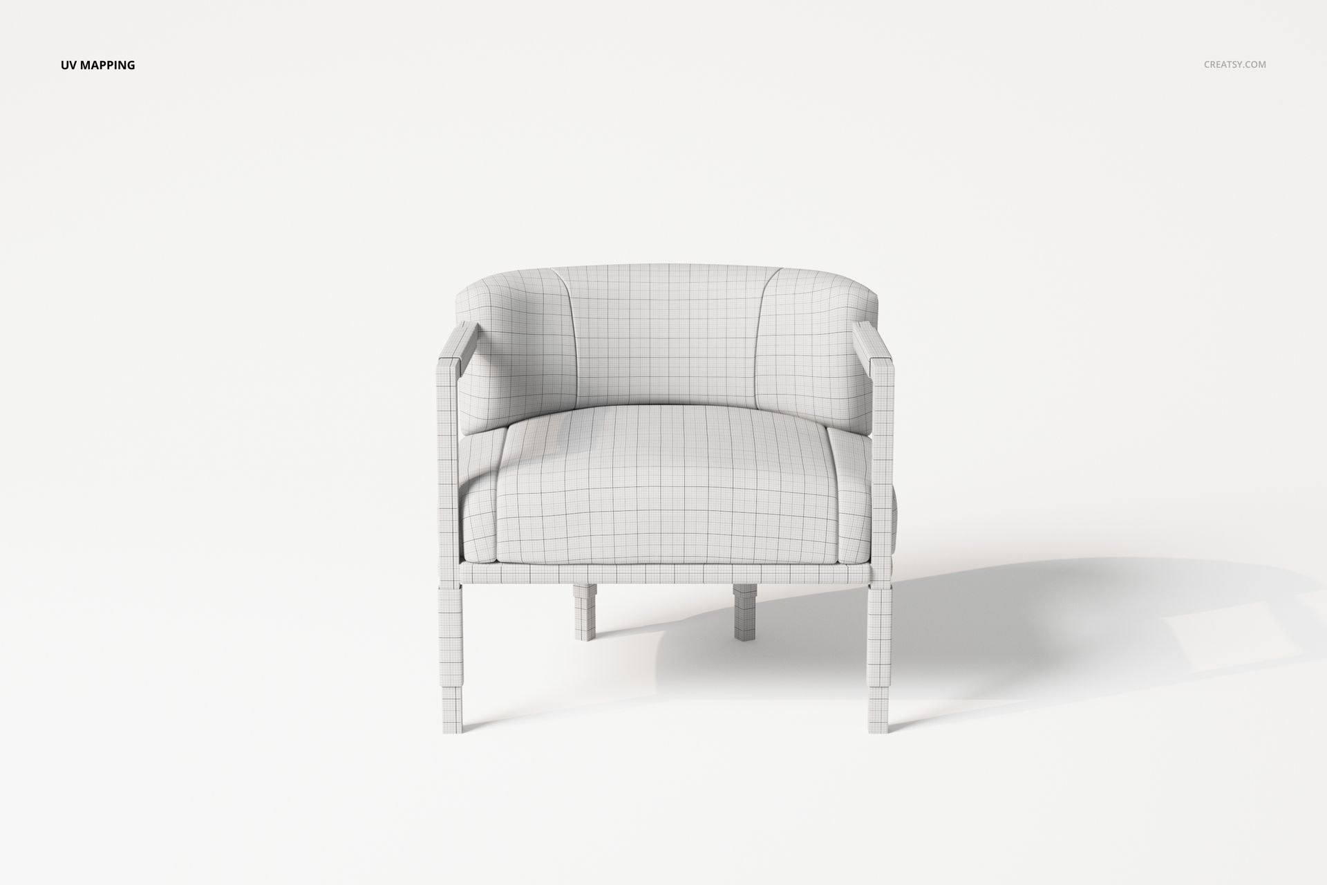 Front view of a modern armchair 3D model with art deco design, shown in white with grid lines for UV mapping.