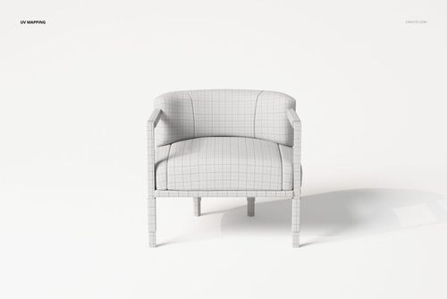 Front view of a modern armchair 3D model with art deco design, shown in white with grid lines for UV mapping.