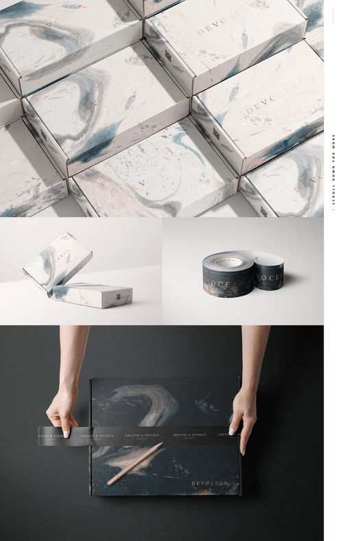 Mailing boxes with marble-like patterns in gray, white, and navy tones, shown from top and side views in a mockup scene.