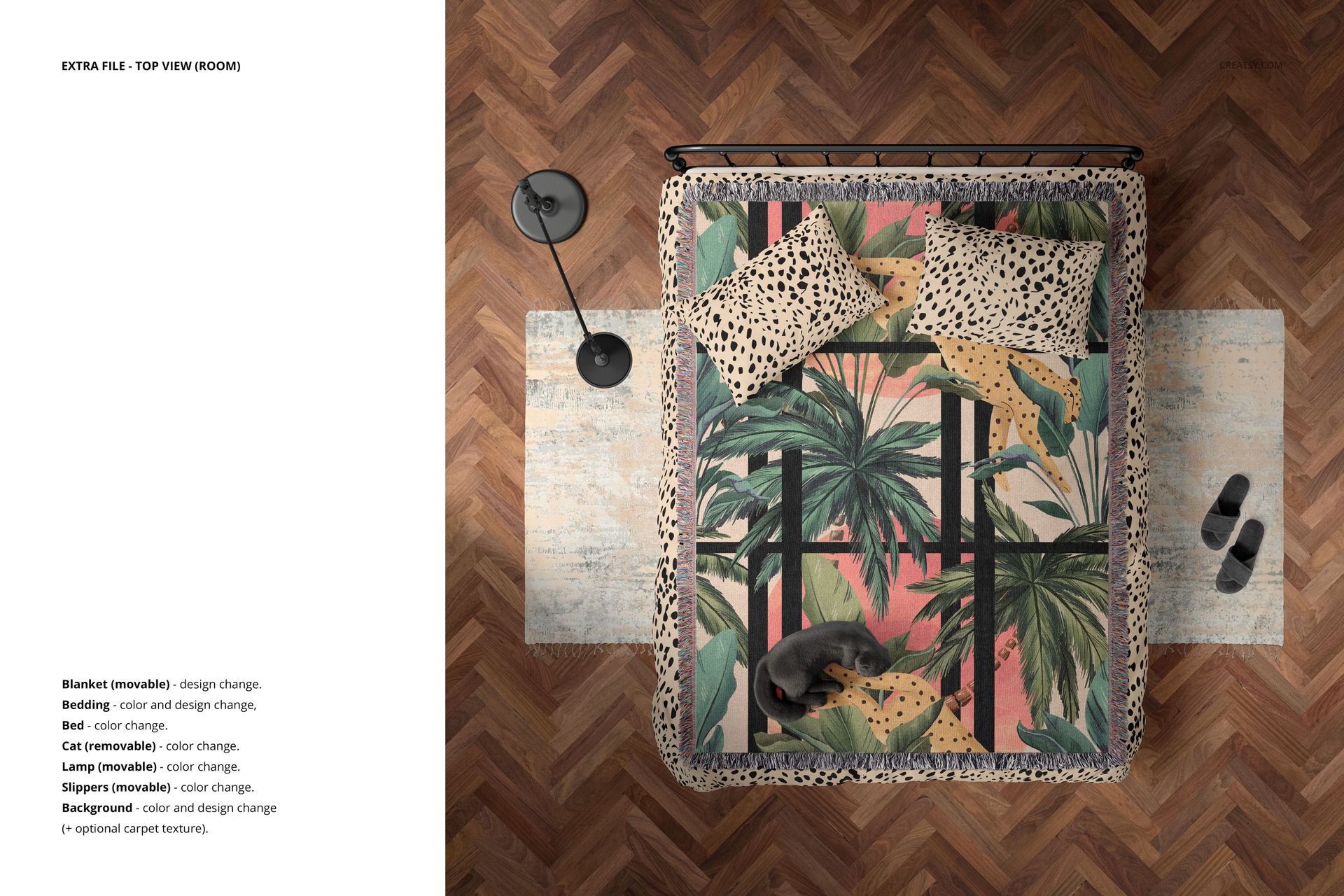 PSD mockup showing a jacquard woven blanket with tropical design, bedding and pillows in a cozy room with wooden floor.