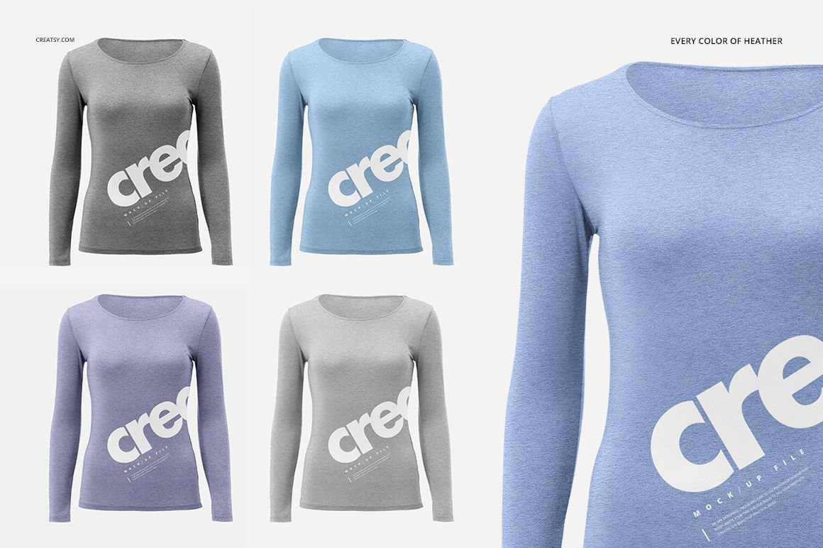 PSD mockup set featuring women's long sleeve tops in multiple heather colors, displayed from front and close perspectives.