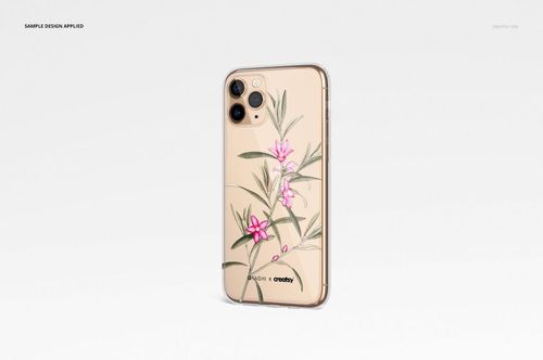 iPhone 11 Pro clear case mockup featuring delicate pink flowers and green leaves, displayed on a light backdrop.