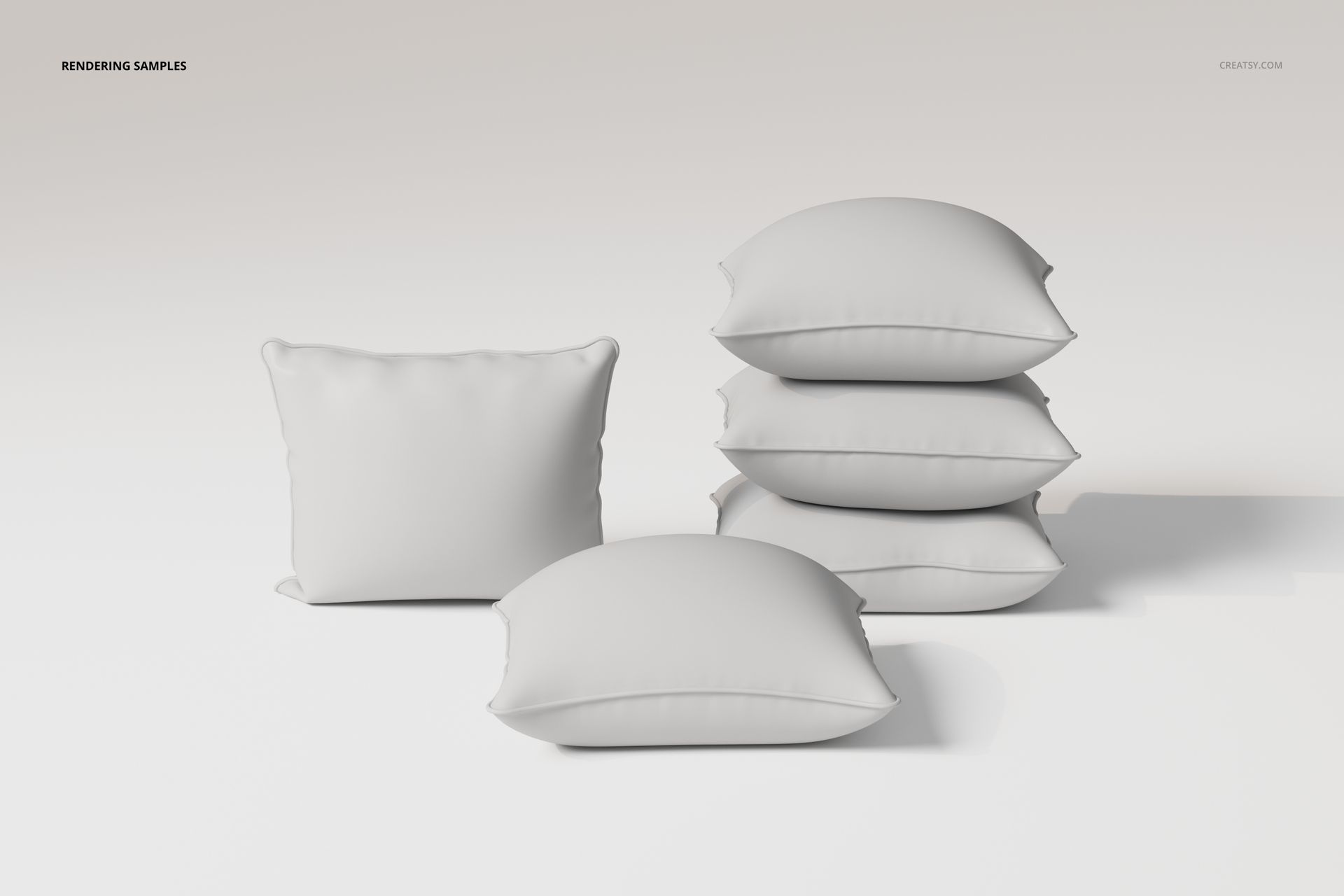 Front view of five white piped cushions arranged on a plain surface, with three stacked and two placed separately.