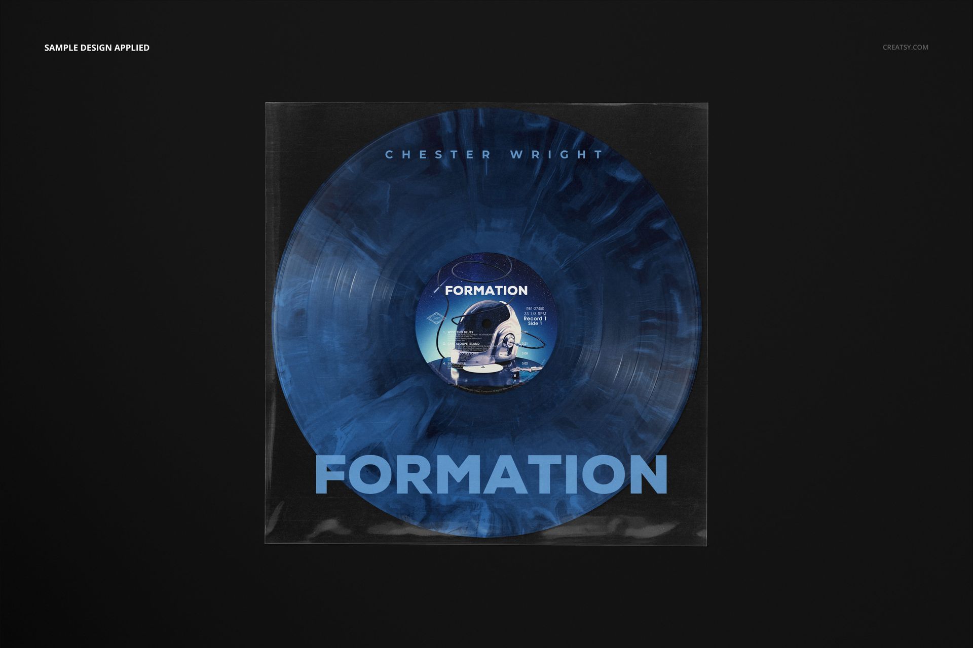 Front view of a vinyl record sleeve mockup featuring a blue marbled record and bold text on a dark background.