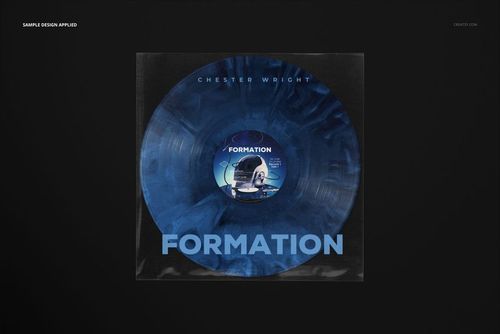 Front view of a vinyl record sleeve mockup featuring a blue marbled record and bold text on a dark background.