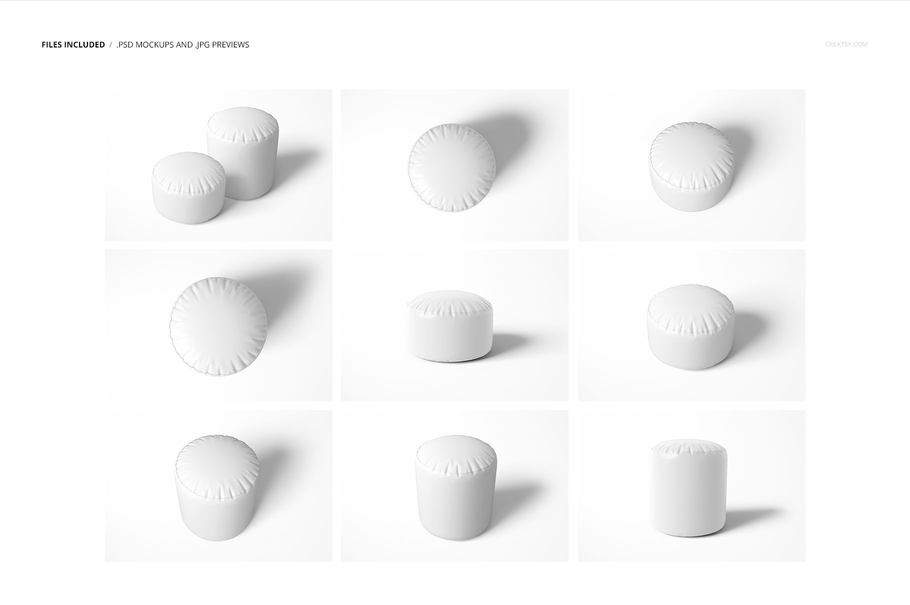 Set of small and large round poufs with smooth white upholstery, presented in multiple mockup views on a plain surface.