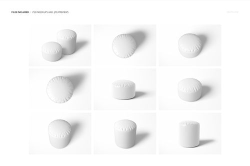 Set of small and large round poufs with smooth white upholstery, presented in multiple mockup views on a plain surface.