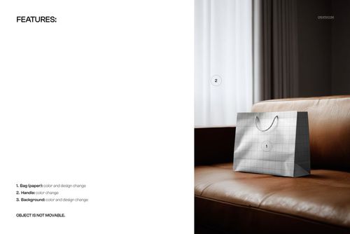 PSD mockup of a rectangular paper bag featuring a grid design, positioned on a leather sofa near a window.