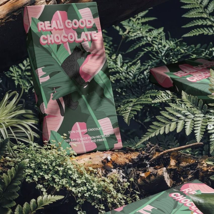 Chocolate box mockup featuring bold tropical leaf patterns in pink and green, placed among lush forest ferns and branches.