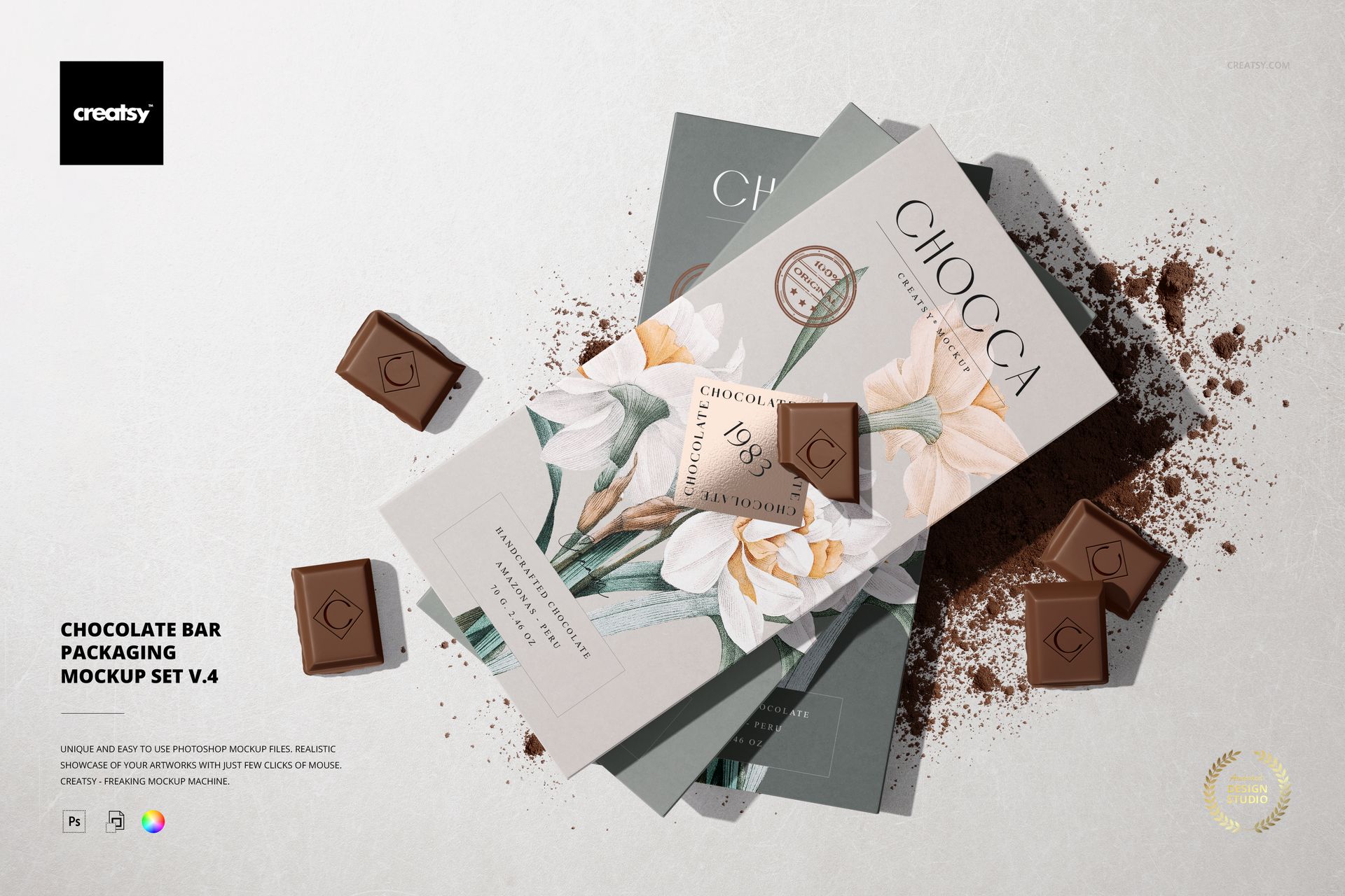 Chocolate bar packaging mockup with two rectangular wrappers featuring floral designs and chocolate cubes on a light surface.