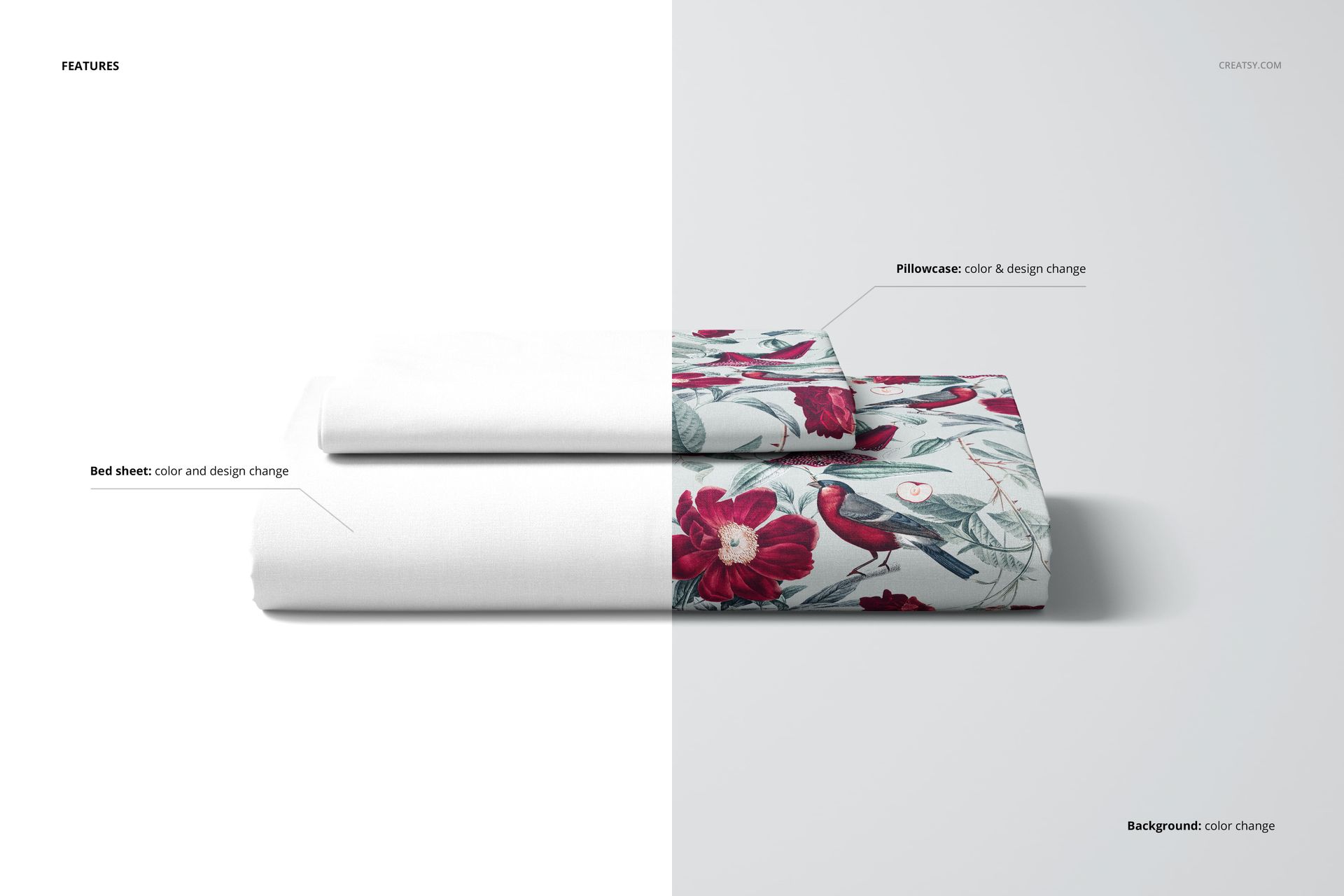 Folded bed sheet and pillow cover mockup featuring a floral and bird pattern on a white background, top view.