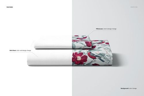 Folded bed sheet and pillow cover mockup featuring a floral and bird pattern on a white background, top view.