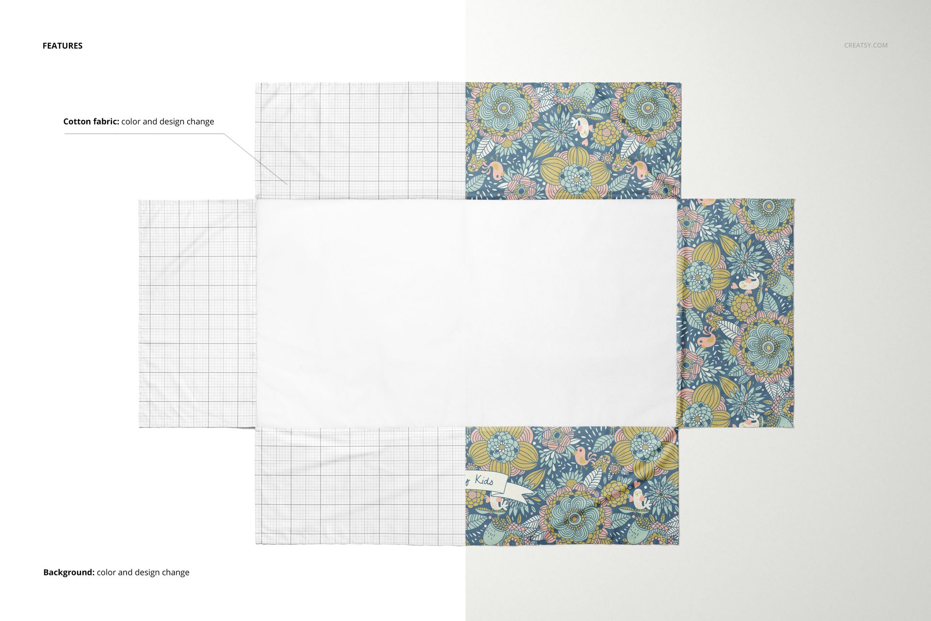Crib skirt mockup shown from a top view, featuring editable fabric panels with floral and grid patterns on a white background.
