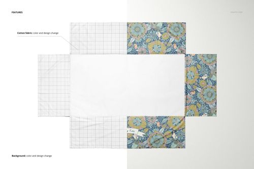 Crib skirt mockup shown from a top view, featuring editable fabric panels with floral and grid patterns on a white background.