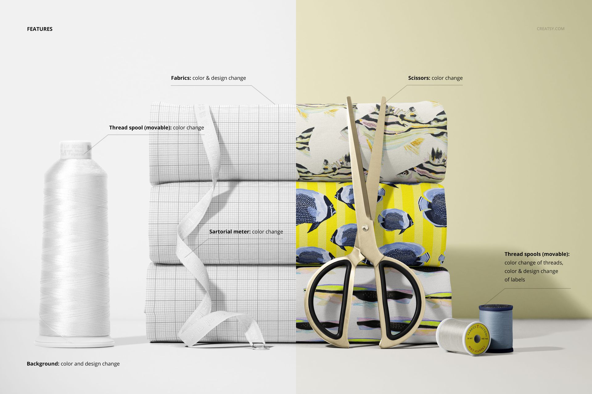 Stack of Folded Jersey Fabrics with Tailoring Tools Mockup - mockup screenshot 3