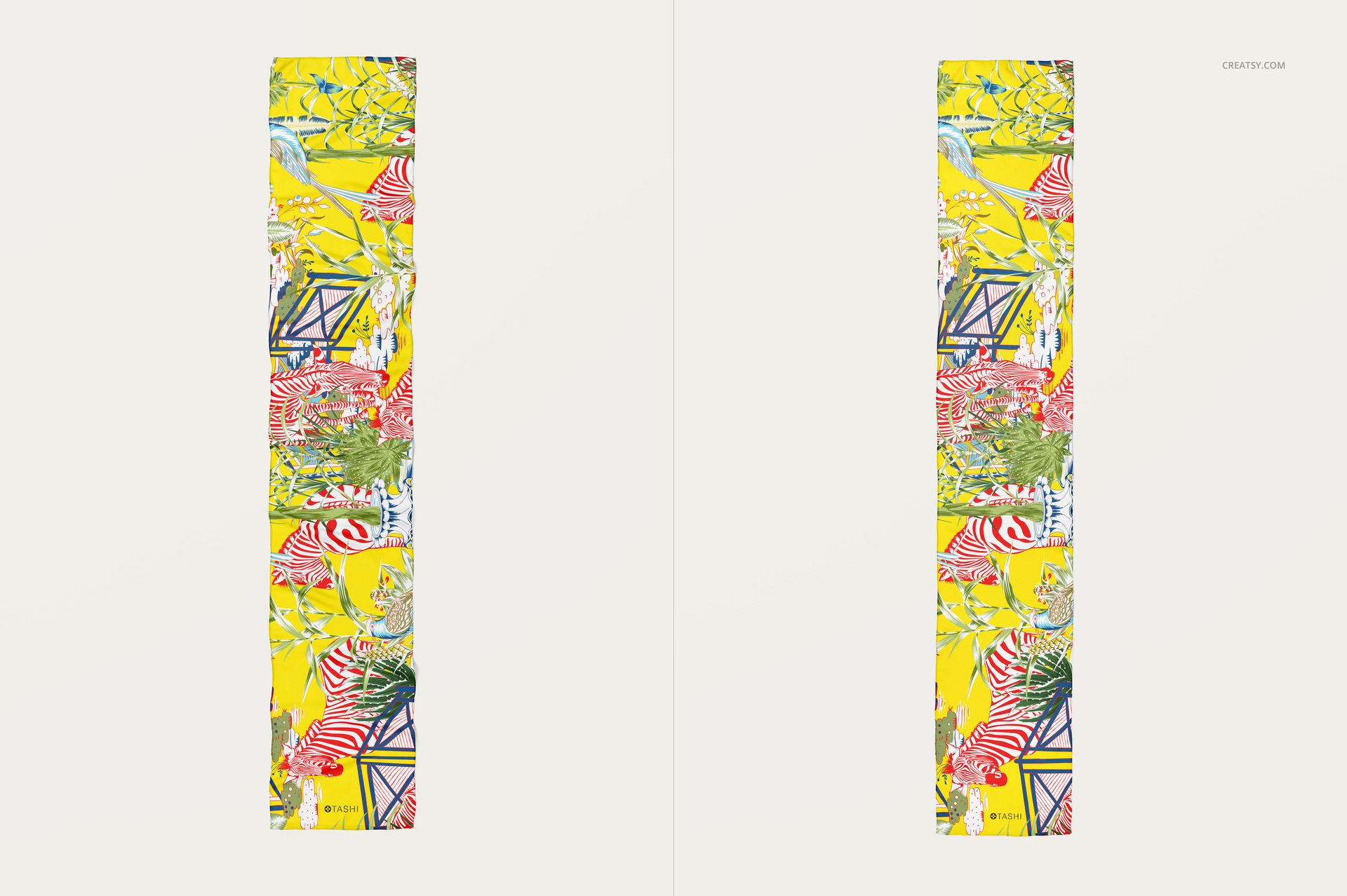 Front view of two long chiffon silk scarves with vibrant yellow background and abstract multicolor patterns.