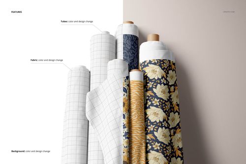 PSD mockup of fabric rolls with a mix of grid and botanical patterns, positioned against a light beige background.