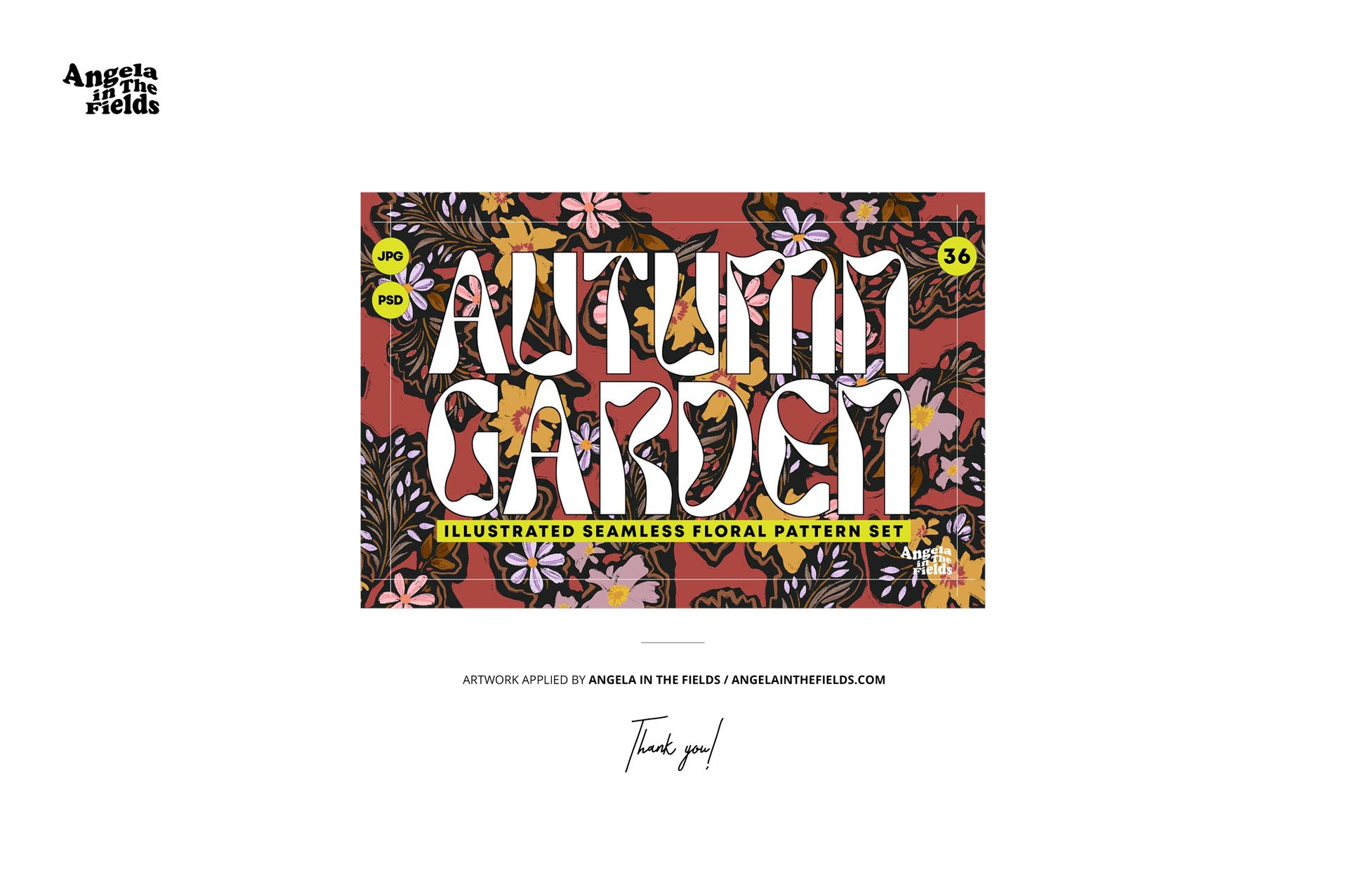 Front view of a cotton fabric mockup featuring a vintage floral pattern in autumn colors with bold text overlay.