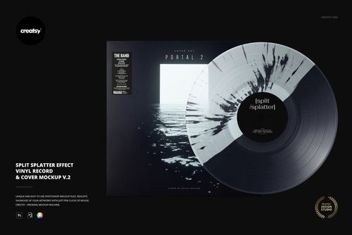 Front view of a split splatter effect vinyl record and cover mockup, featuring black and white abstract patterns and ocean imagery.