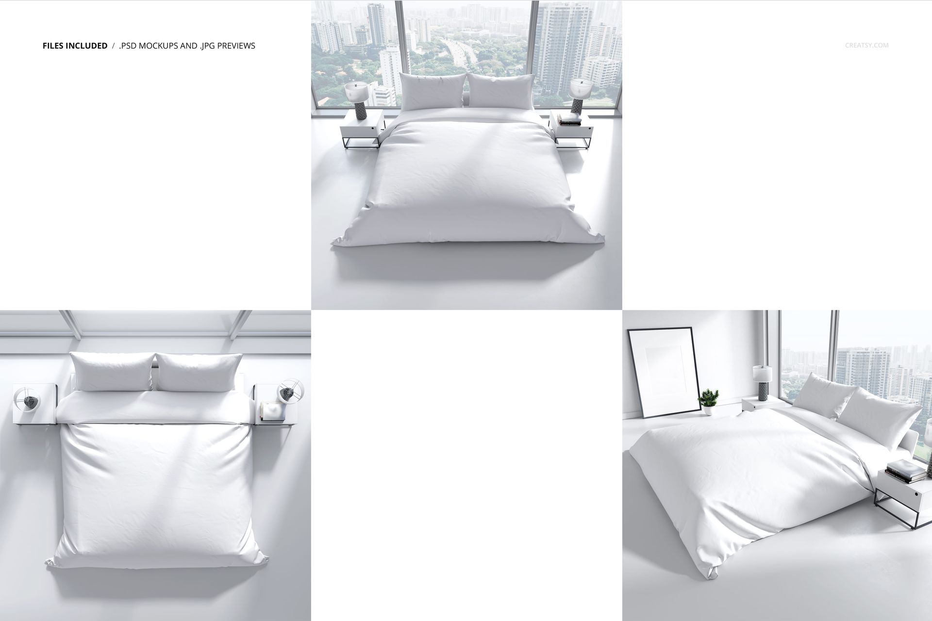 White bedding set mockup displayed in a modern bedroom with city view, featuring pillows and duvet cover.