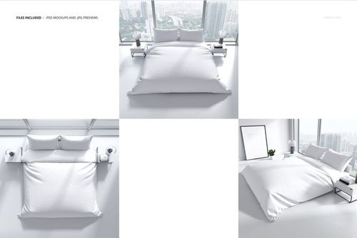 White bedding set mockup displayed in a modern bedroom with city view, featuring pillows and duvet cover.