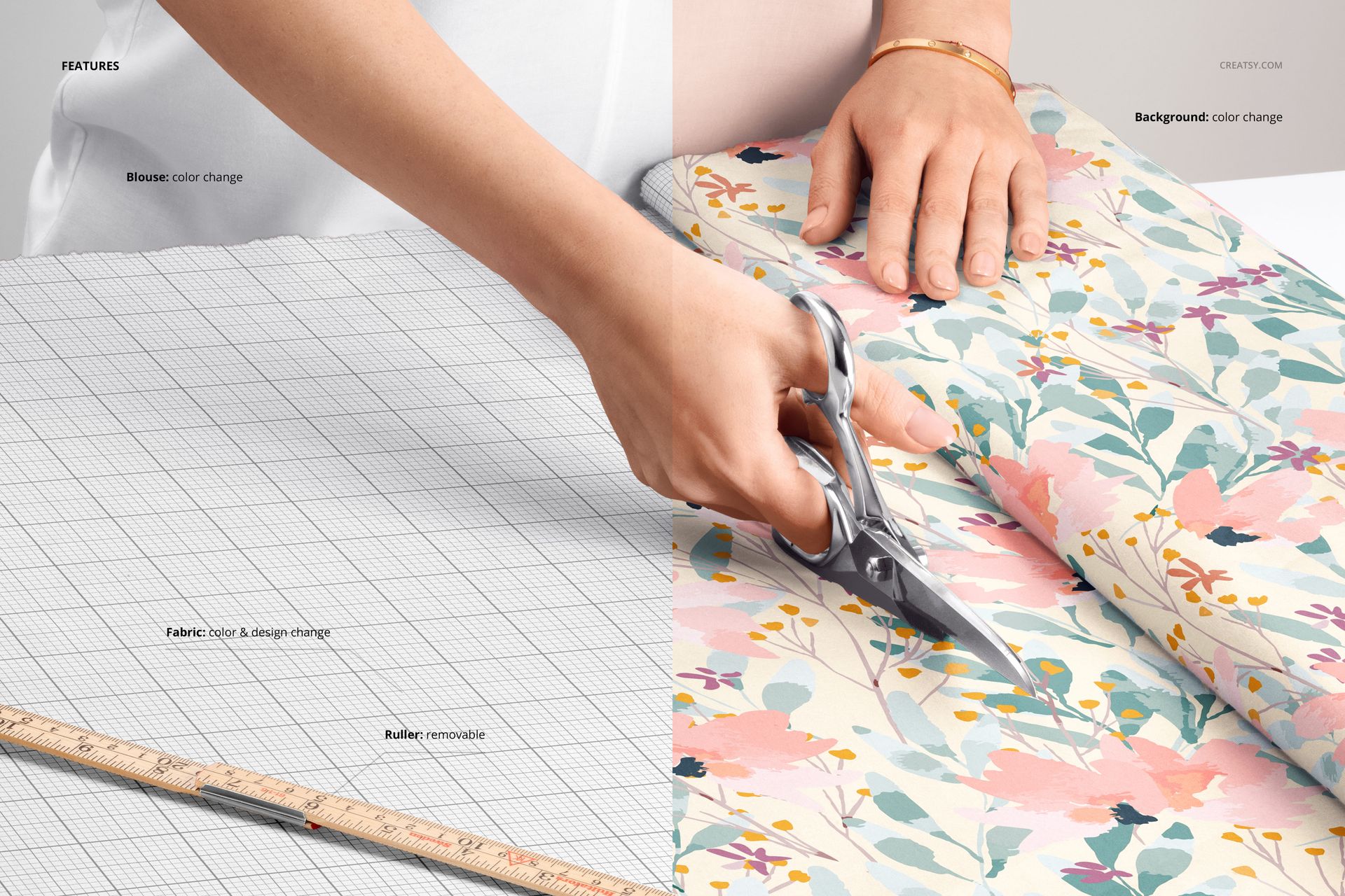 PSD mockup featuring hands trimming colorful floral fabric from a roll, with a ruler and plain grid fabric visible.