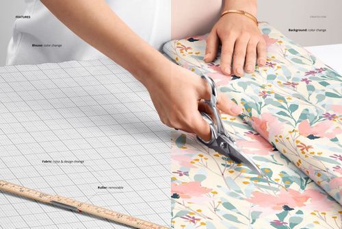 PSD mockup featuring hands trimming colorful floral fabric from a roll, with a ruler and plain grid fabric visible.