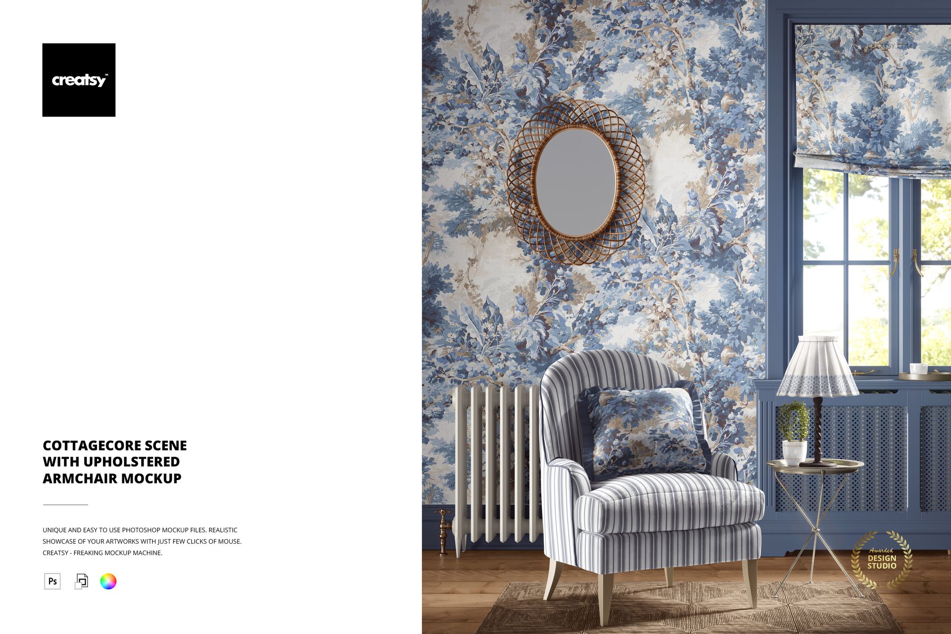 Cottagecore PSD mockup scene with a striped armchair, blue floral wall, woven rug, and decorative mirror in a cozy room.