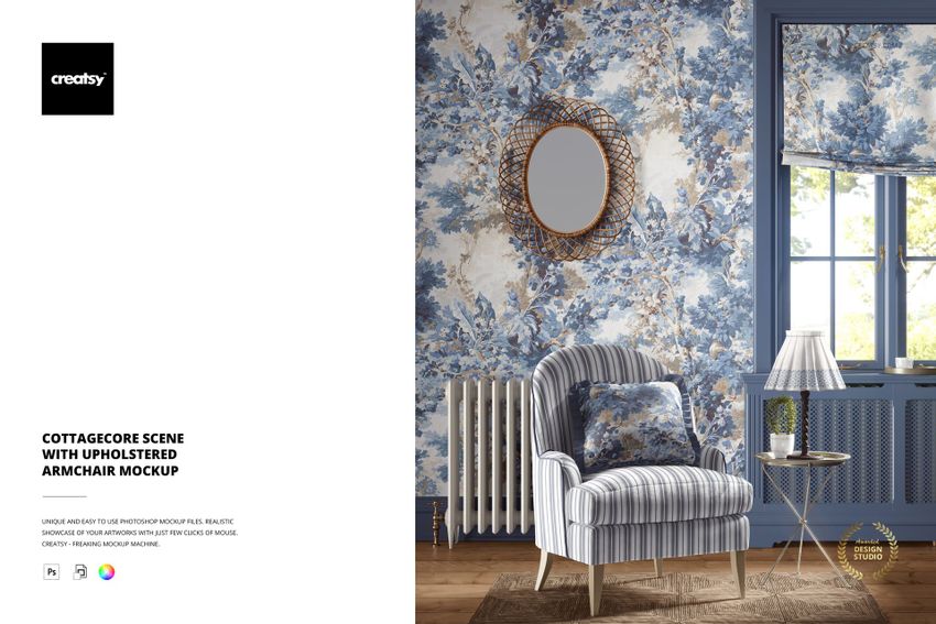 Cottagecore Scene with Upholstered Armchair Mockup - mockup screenshot 1