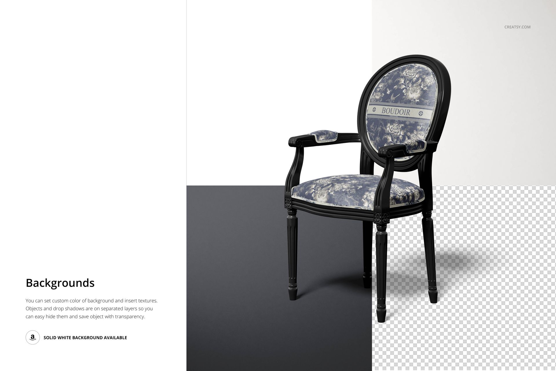 Louis XVI style armchair mockup featuring dark wood frame and floral blue fabric, displayed on a divided background.