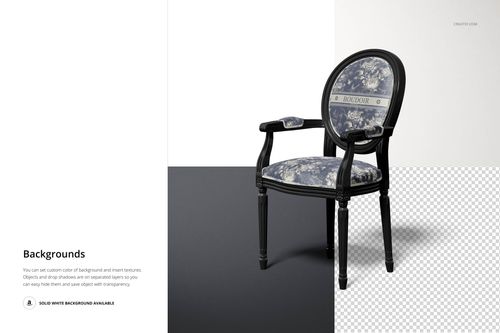 Louis XVI style armchair mockup featuring dark wood frame and floral blue fabric, displayed on a divided background.
