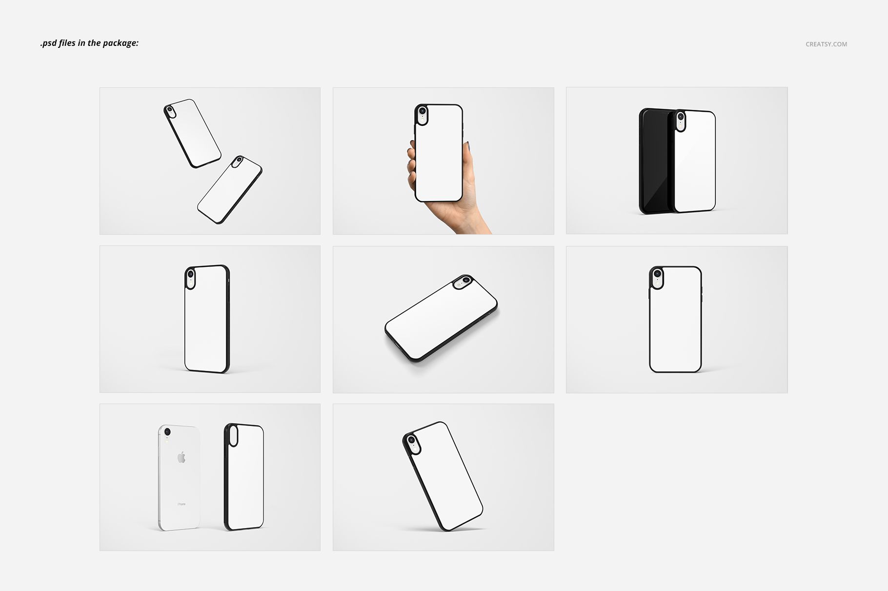 Black iPhone XR case mockup set showing various angles, including front, back, side, and a hand holding the case.
