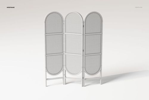 Front view of a three-panel rattan folding room divider in white, featuring arched tops and woven mesh texture.
