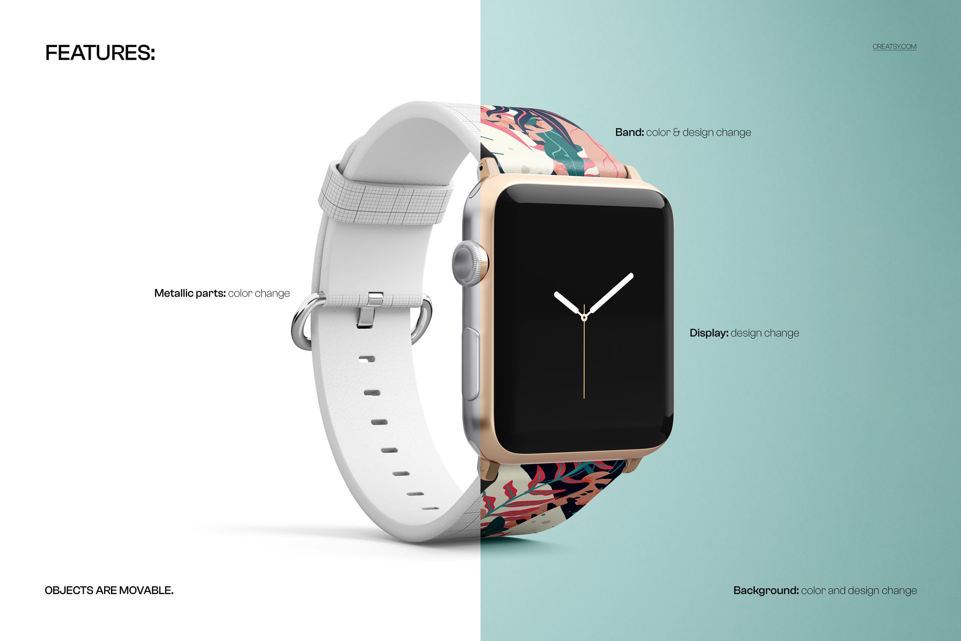 PSD mockup of an Apple Watch leather band with customizable metallic parts and background, split color scene.