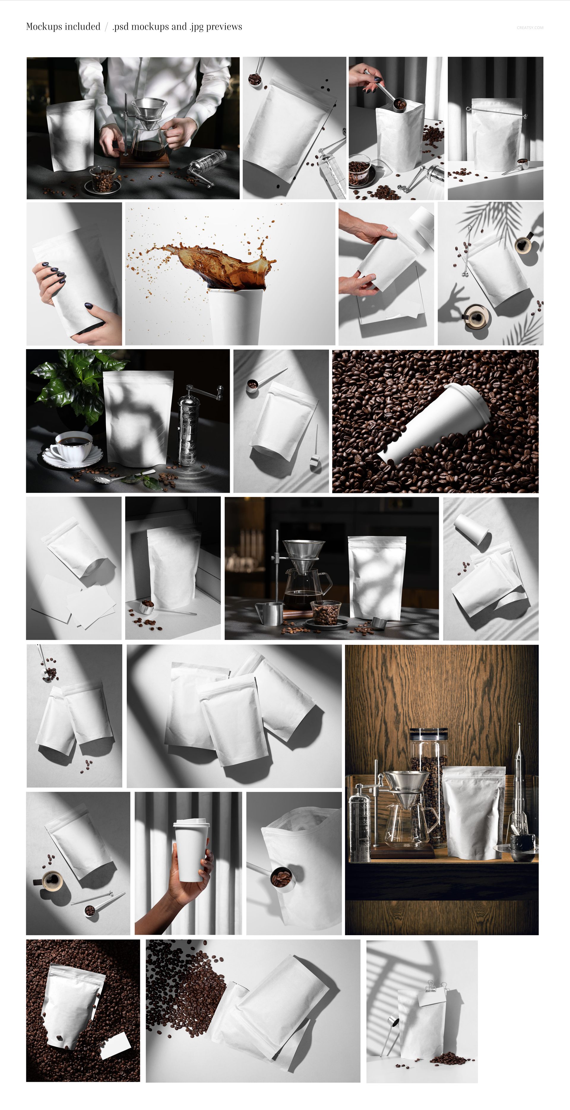 Various coffee packaging mockups including pouches, cups, and beans, arranged in bright studio lighting with props.