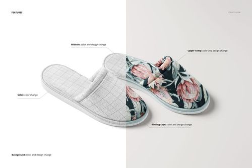 Top view of home slippers mockup showing one slipper with a floral pattern and the other with a grid design on a split background.